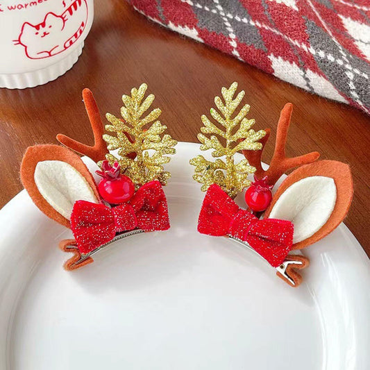 [Like New] Christmas Bow Hair Clips for Girls Red Gold Antler Design 2PCS