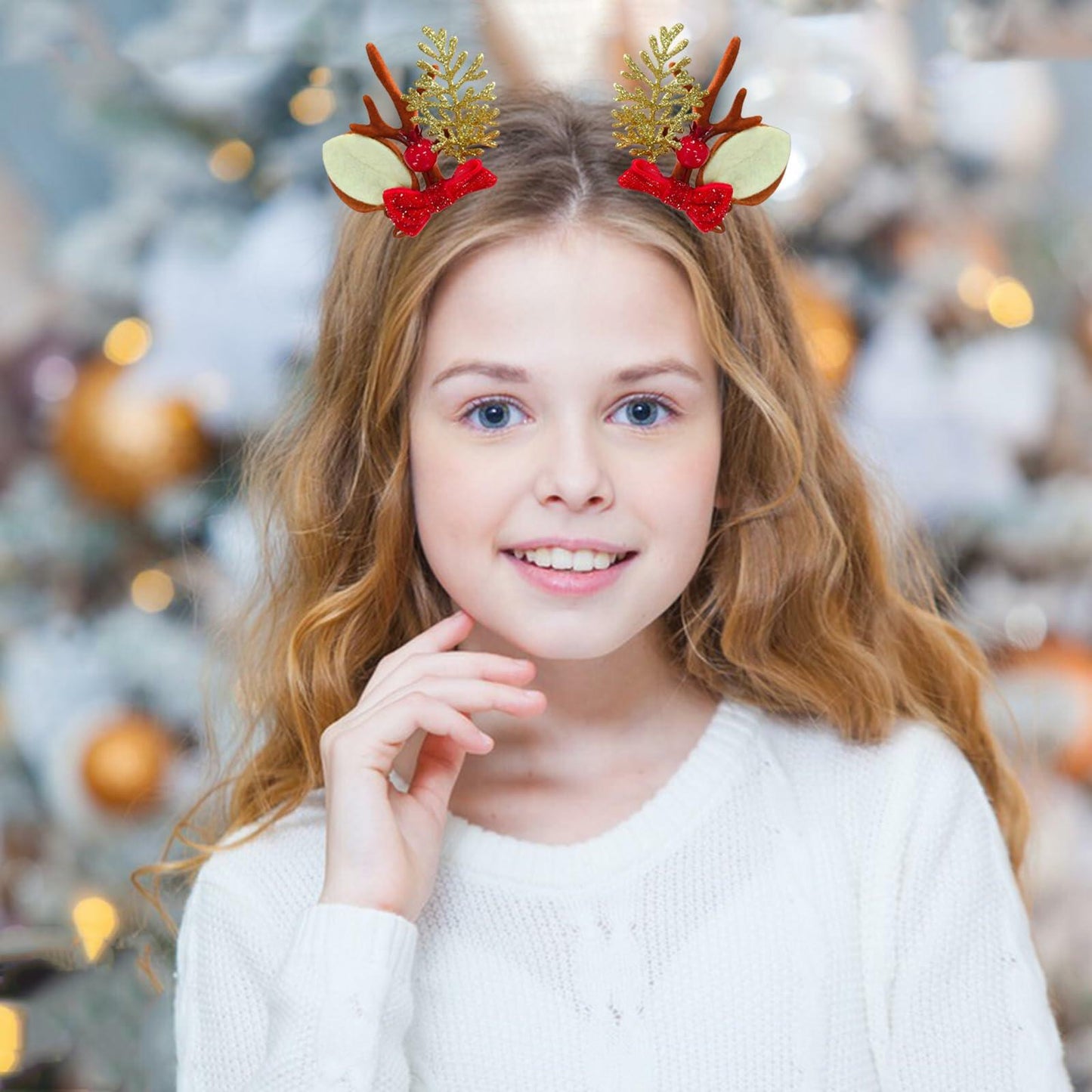 [Like New] Christmas Bow Hair Clips for Girls Red Gold Antler Design 2PCS