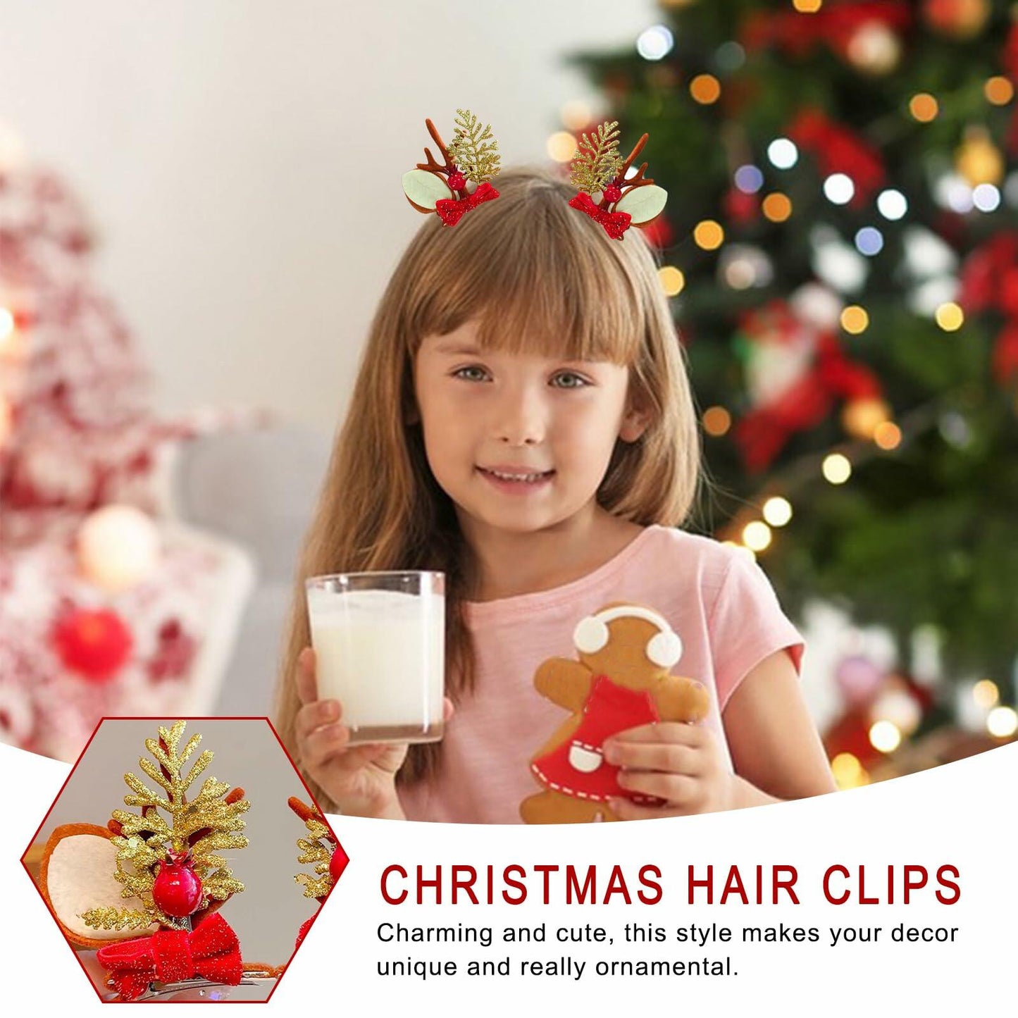 [Like New] Christmas Bow Hair Clips for Girls Red Gold Antler Design 2PCS