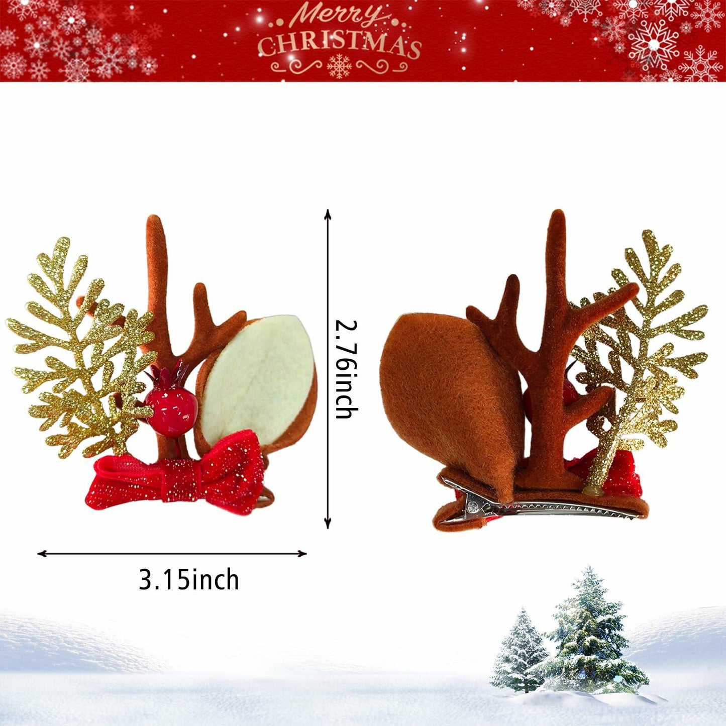 [Like New] Christmas Bow Hair Clips for Girls Red Gold Antler Design 2PCS