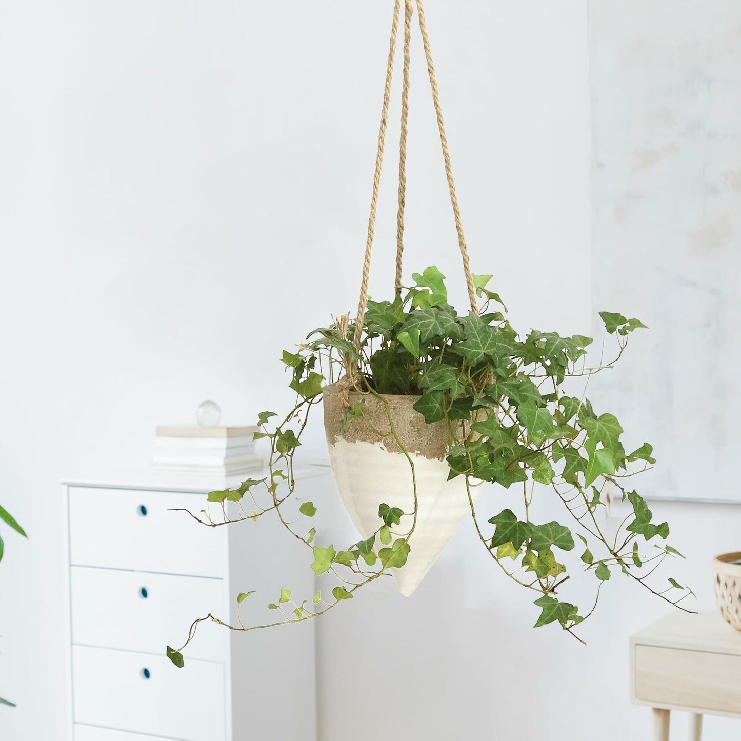 Creative Co-Op Medium White Stoneware Hanging Planter with Jute Rope