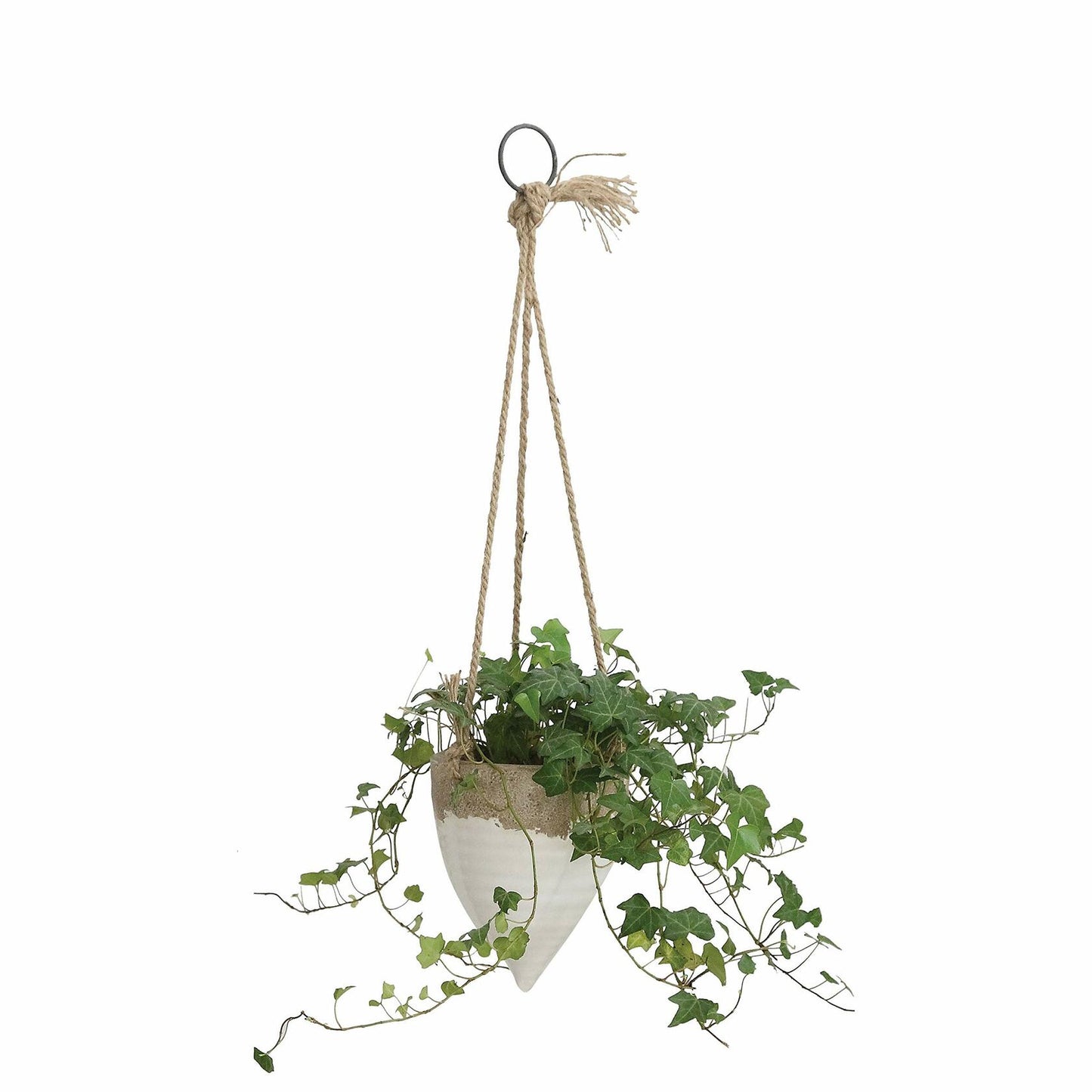 Creative Co-Op Medium White Stoneware Hanging Planter with Jute Rope