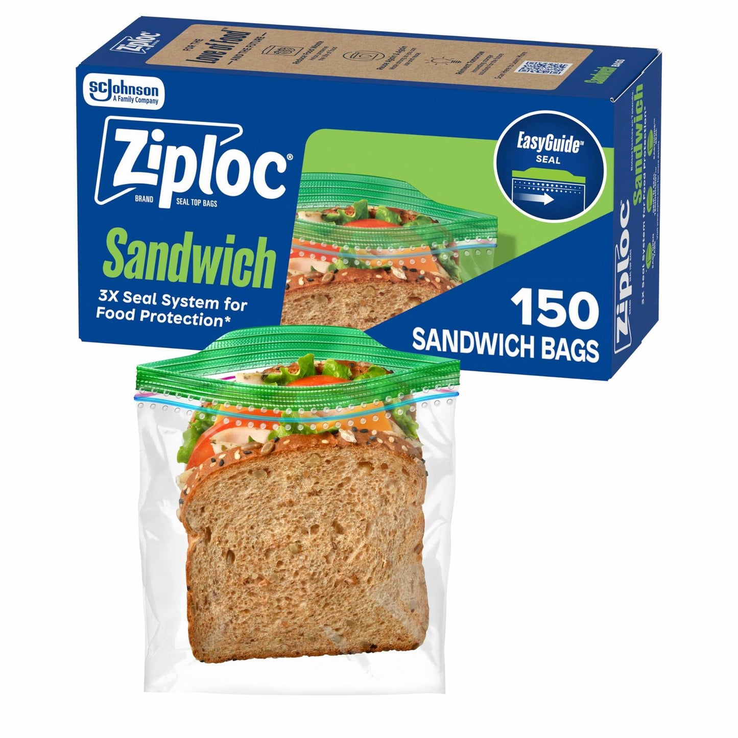 Ziploc Sandwich & Snack Bags EasyGuide Grip 'n Seal 150 Bags