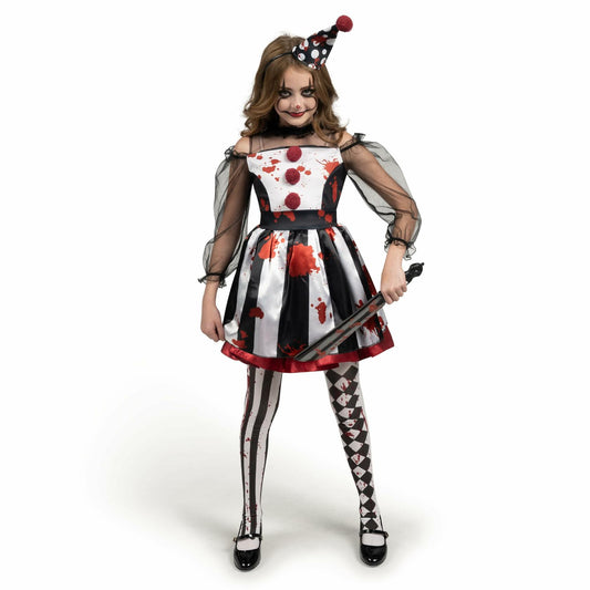 [Like New] Girls Scary Clown Costume Spooktacular Bloody Jester Dress Black White S