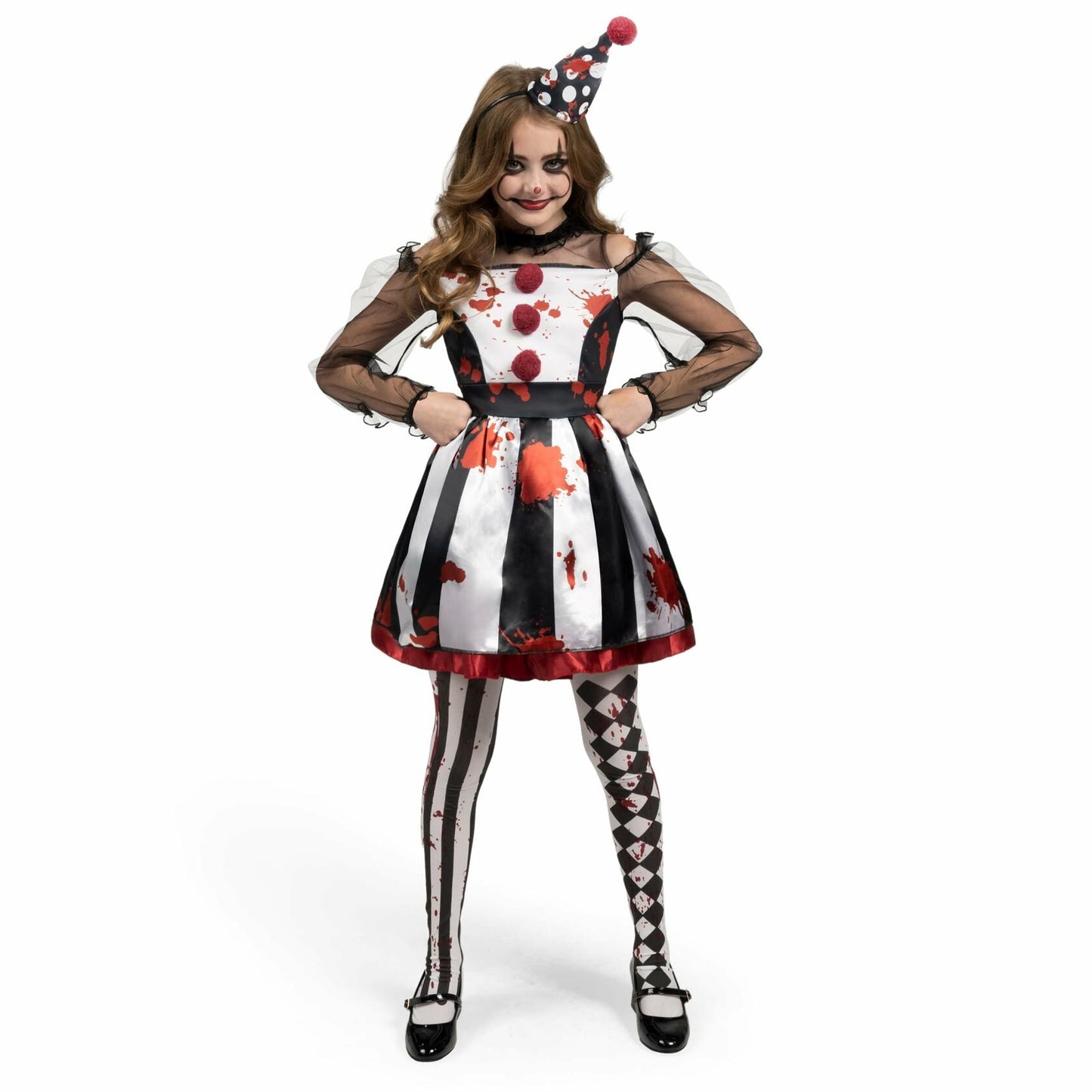 [Like New] Girls Scary Clown Costume Spooktacular Bloody Jester Dress Black White S