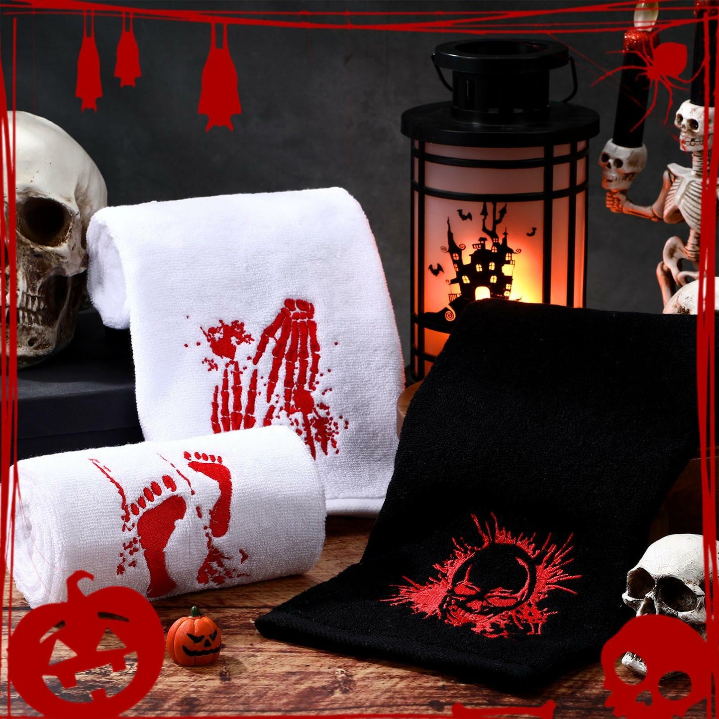 Fanfanwin Halloween Embroidered Cotton Hand Towels 13.7x29.5 3pc White Black