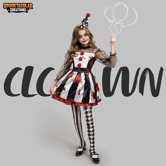 [Like New] Girls Scary Clown Costume Spooktacular Bloody Jester Dress Black White S