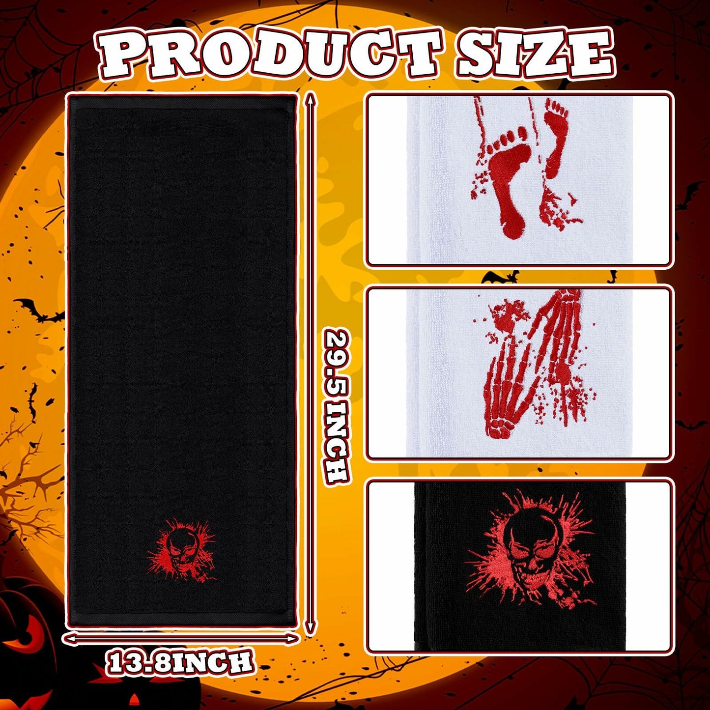 Fanfanwin Halloween Embroidered Cotton Hand Towels 13.7x29.5 3pc White Black