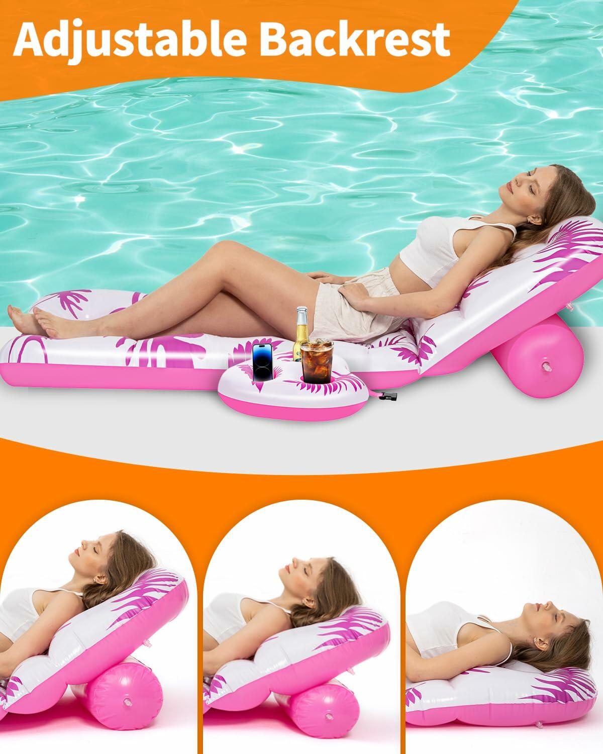 Heavy Duty Inflatable Pool Lounger Adjustable Backrest Float w/ Cup
