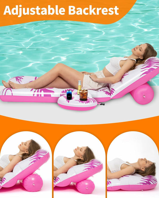 Heavy Duty Inflatable Pool Lounger Adjustable Backrest Float w/ Cup