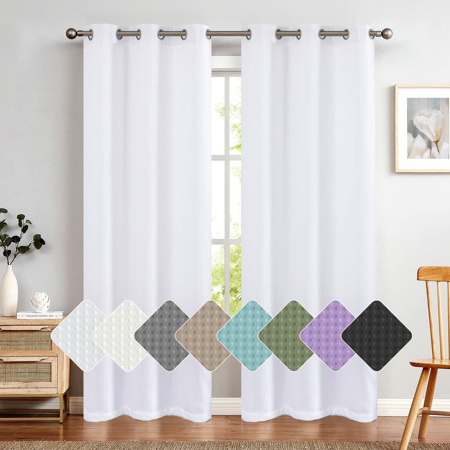 jinchan White Waffle Weave Curtains 2 Panels 90" Grommet Living Room