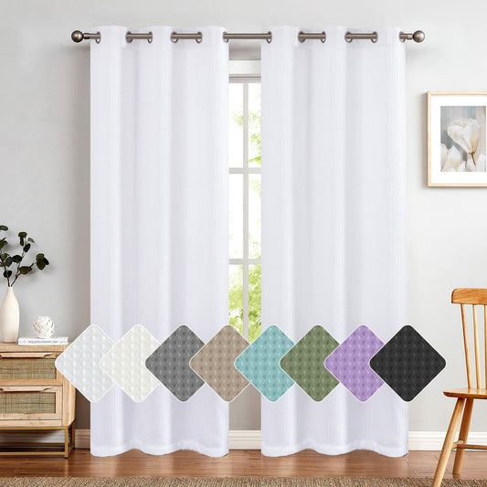 jinchan White Waffle Weave Curtains 2 Panels 90" Grommet Living Room
