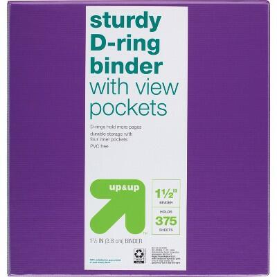 up&up 1.5" 3 Ring Binder D Rings 375 Sheet Capacity Purple Clear View