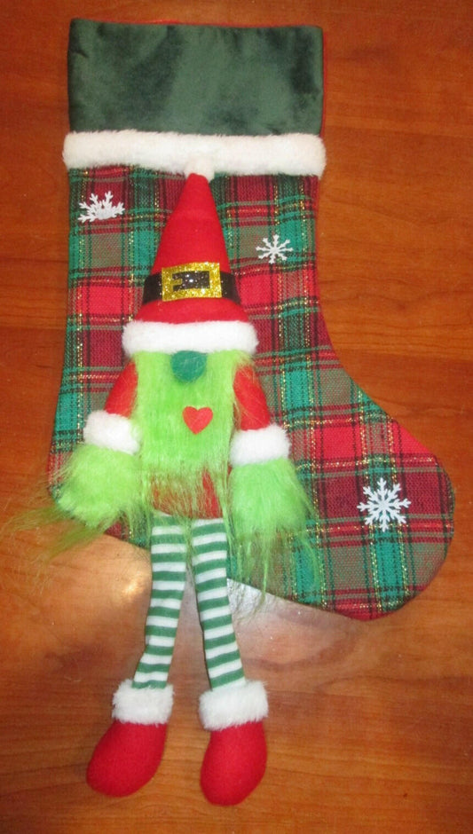 Unbranded Grinch Gnome Christmas Stocking 17" Red Green Plaid Sparkly Hat