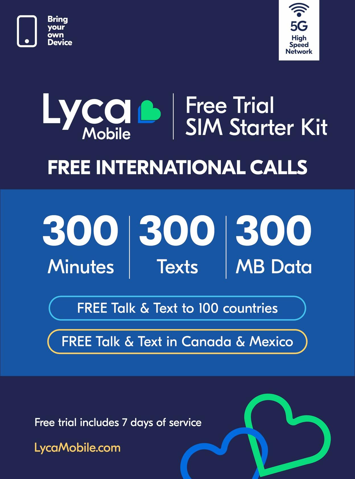 Lyca Mobile USA 5G/4G SIM Starter Kit Free Trial 300 Min/Text/MB 7 Days