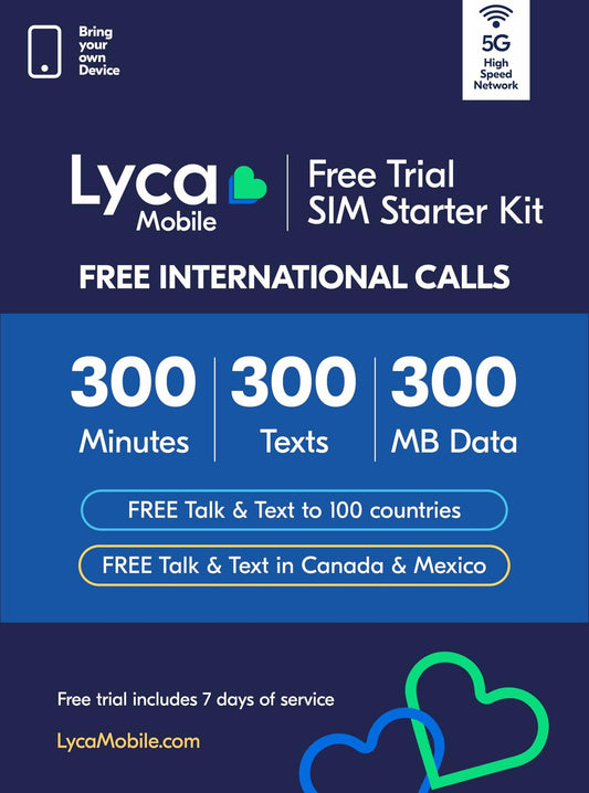Lyca Mobile USA 5G/4G SIM Starter Kit Free Trial 300 Min/Text/MB 7 Days