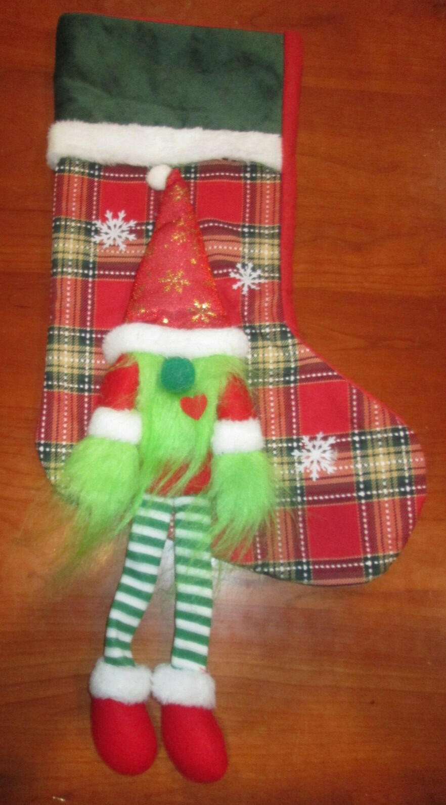 Unbranded Grinch Gnome Christmas Stocking Red Plaid 17" Snowflake Hat