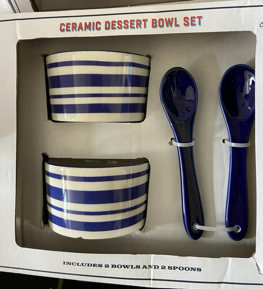 White Ceramic Dessert Bowl Set Blue White Striped Chip Pattern
