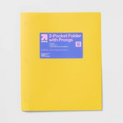 up&up 2 Pocket Plastic Folder with Prongs Yellow Polypropylene 50 Sheet Capacity