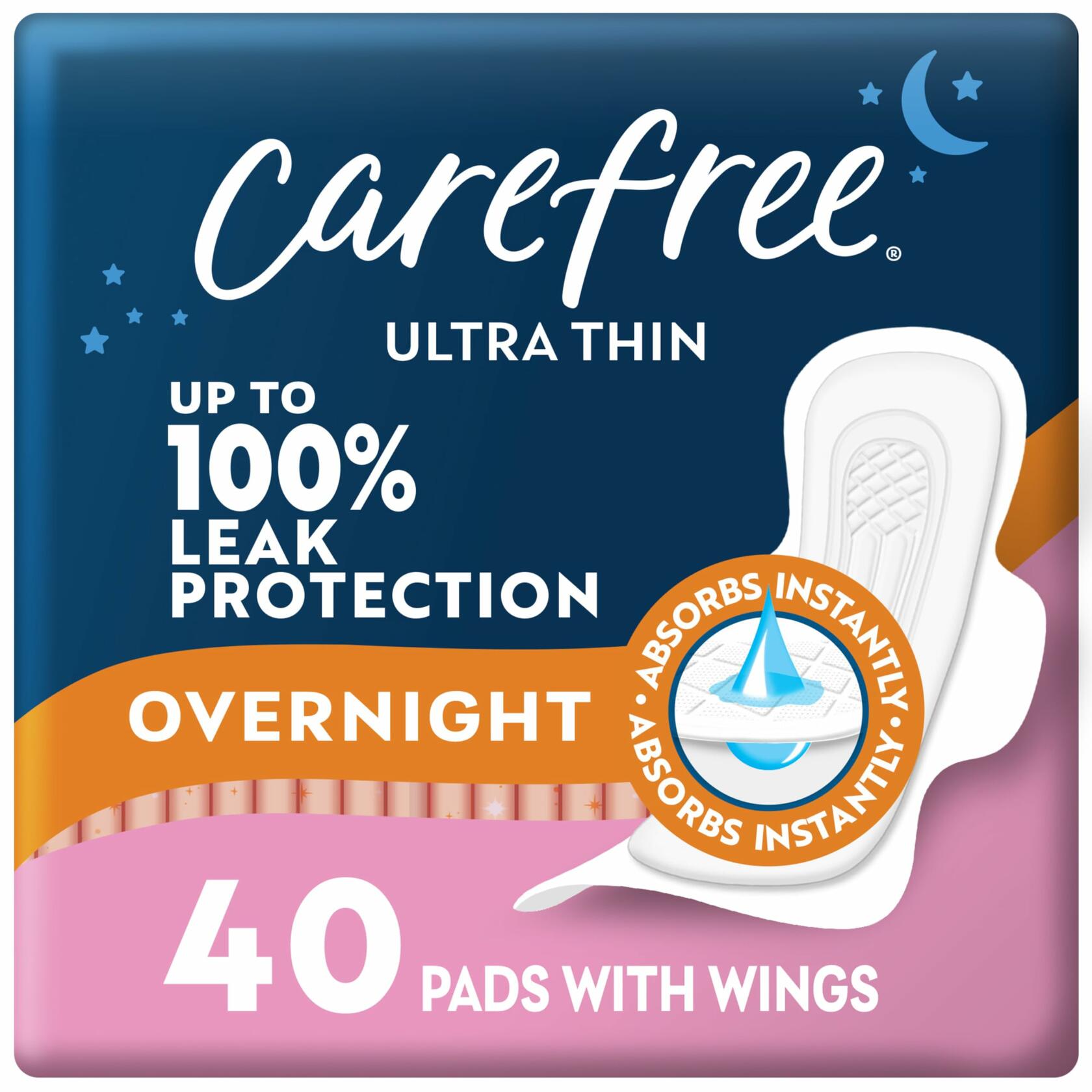 Carefree Ultra Thin Overnight Pads with Wings 40ct