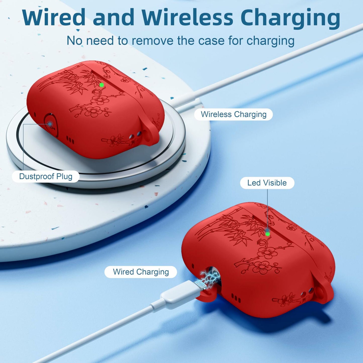 Odbeai AirPods Pro 2nd Gen Case Flower Engraved Soft Silicone Blue Cover