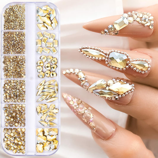 Nail Rhinestones Champagne Gold 1130pcs Flat Back 12 Grids DIY Craft