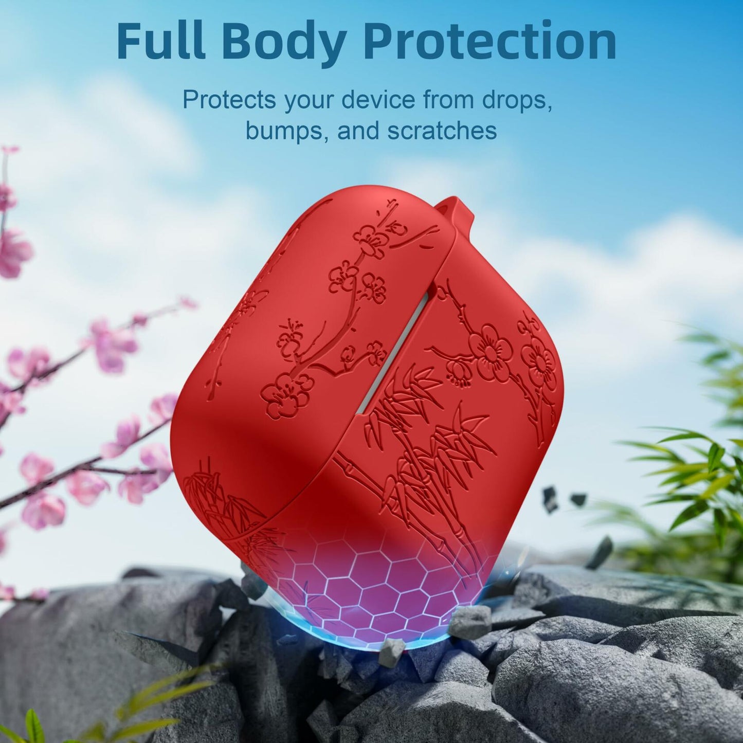Odbeai AirPods Pro 2nd Gen Case Flower Engraved Soft Silicone Blue Cover