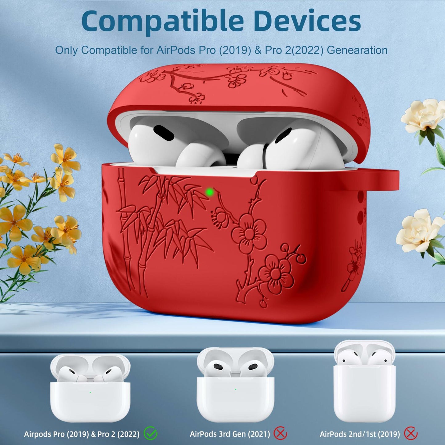 Odbeai AirPods Pro 2nd Gen Case Flower Engraved Soft Silicone Blue Cover