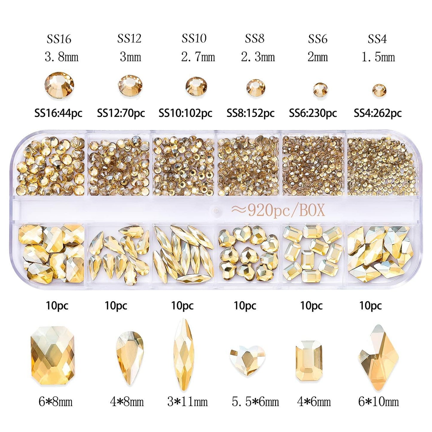 Nail Rhinestones Champagne Gold 1130pcs Flat Back 12 Grids DIY Craft