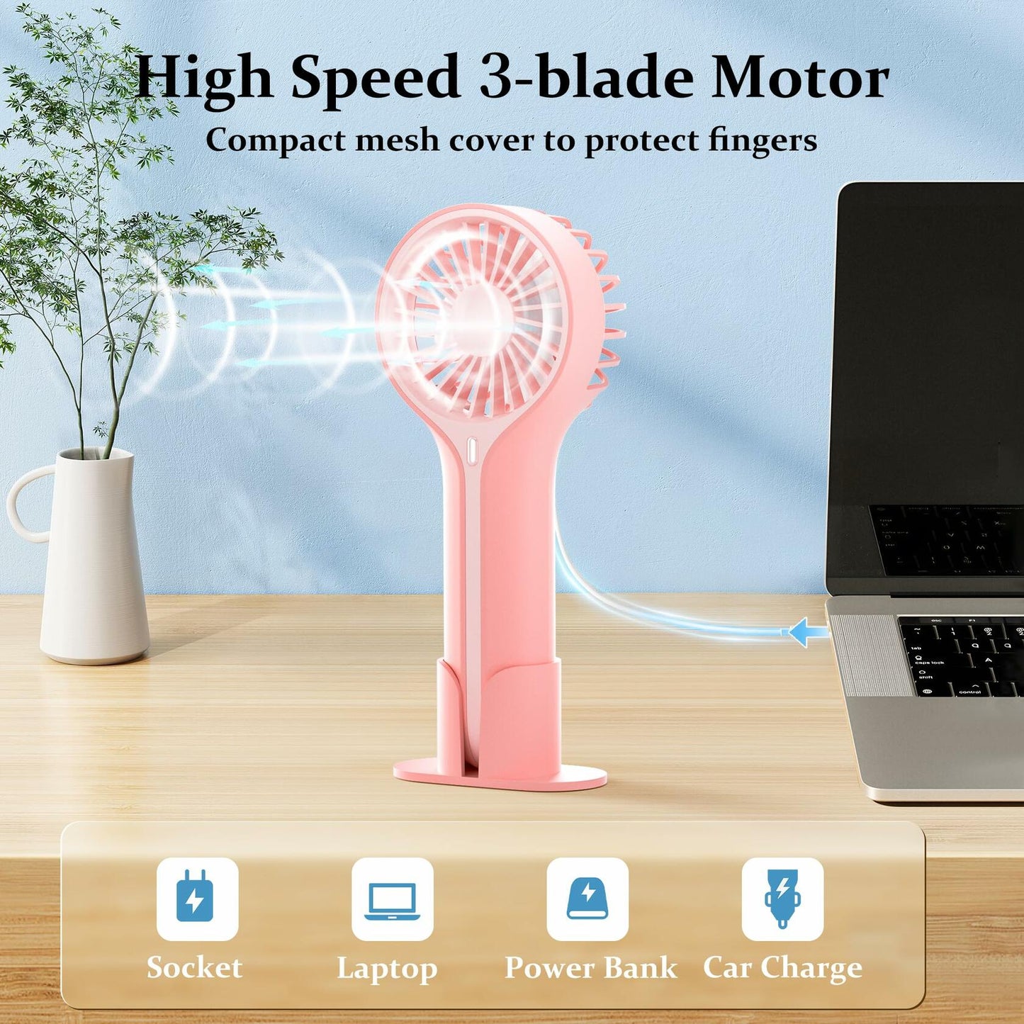 BDXXJ Pink Mini Handheld Fan USB Rechargeable with Base Portable