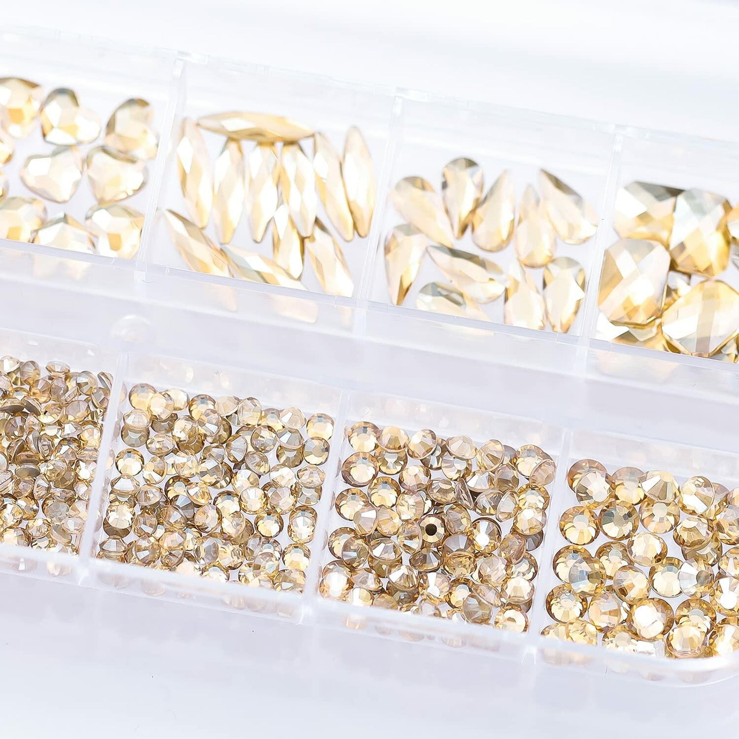 Nail Rhinestones Champagne Gold 1130pcs Flat Back 12 Grids DIY Craft