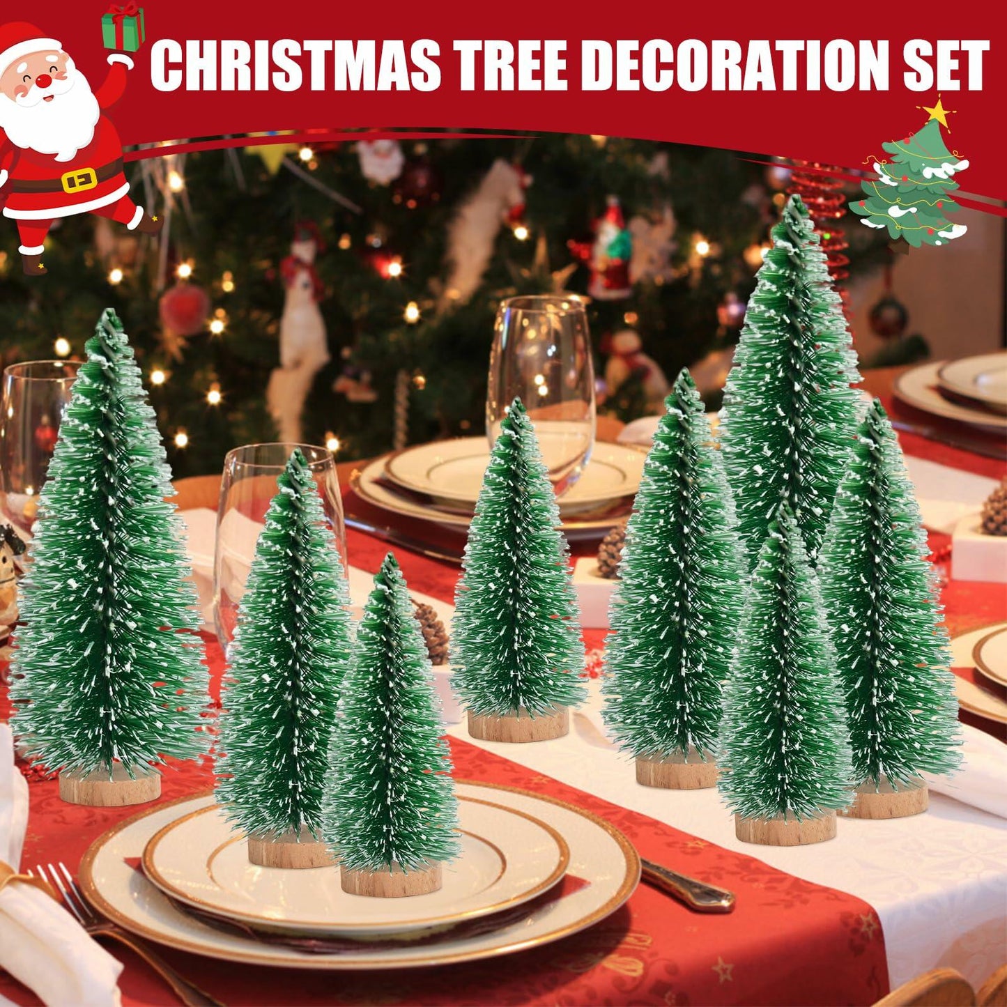 12 Pcs Mini Christmas Trees with Wooden Bases, 3 Sizes, Green Snow Decor