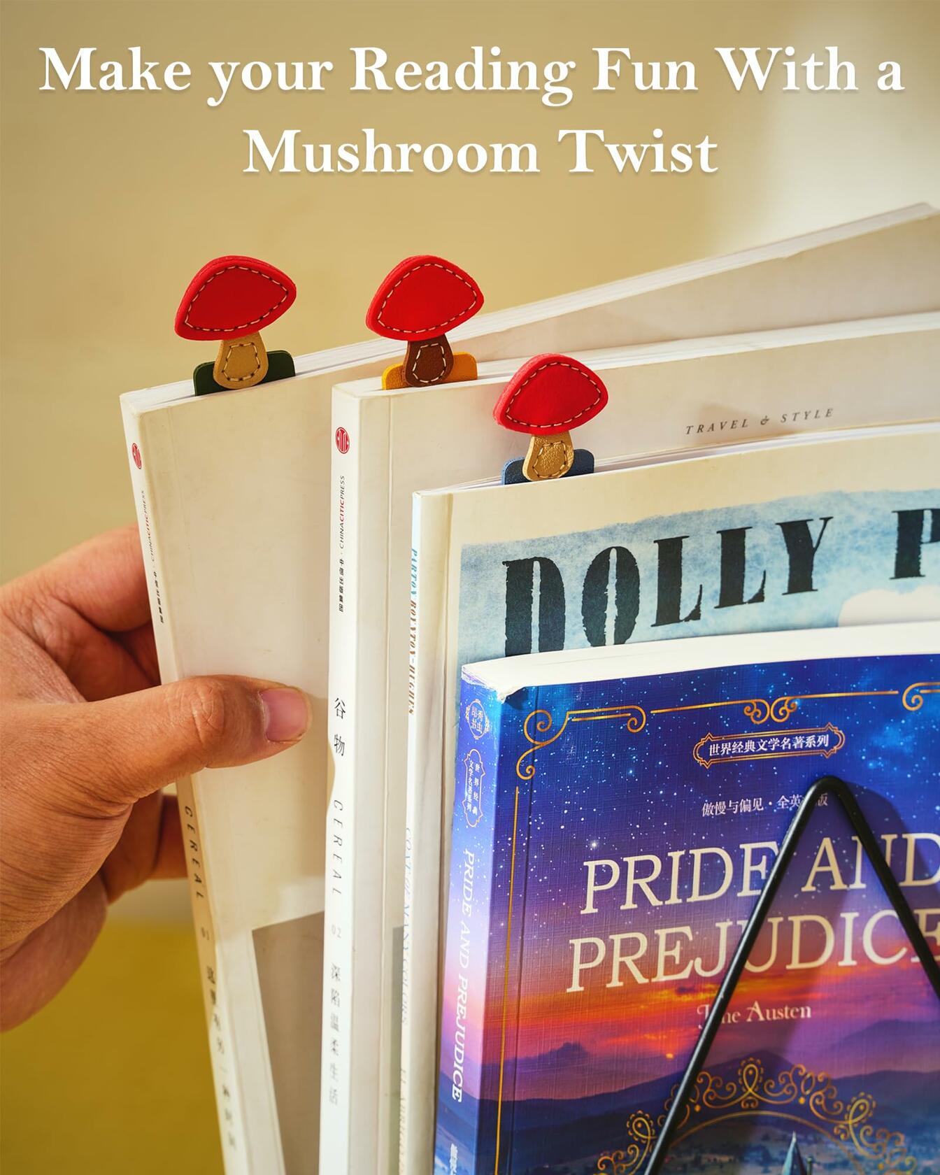 GIHOP Leather Mushroom Bookmarks 3 PCS Blue Green Yellow Handmade Cute