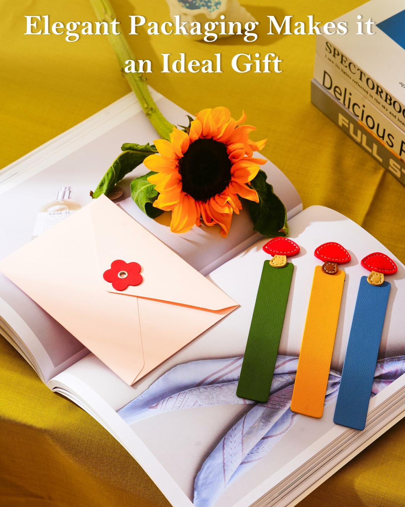 GIHOP Leather Mushroom Bookmarks 3 PCS Blue Green Yellow Handmade Cute