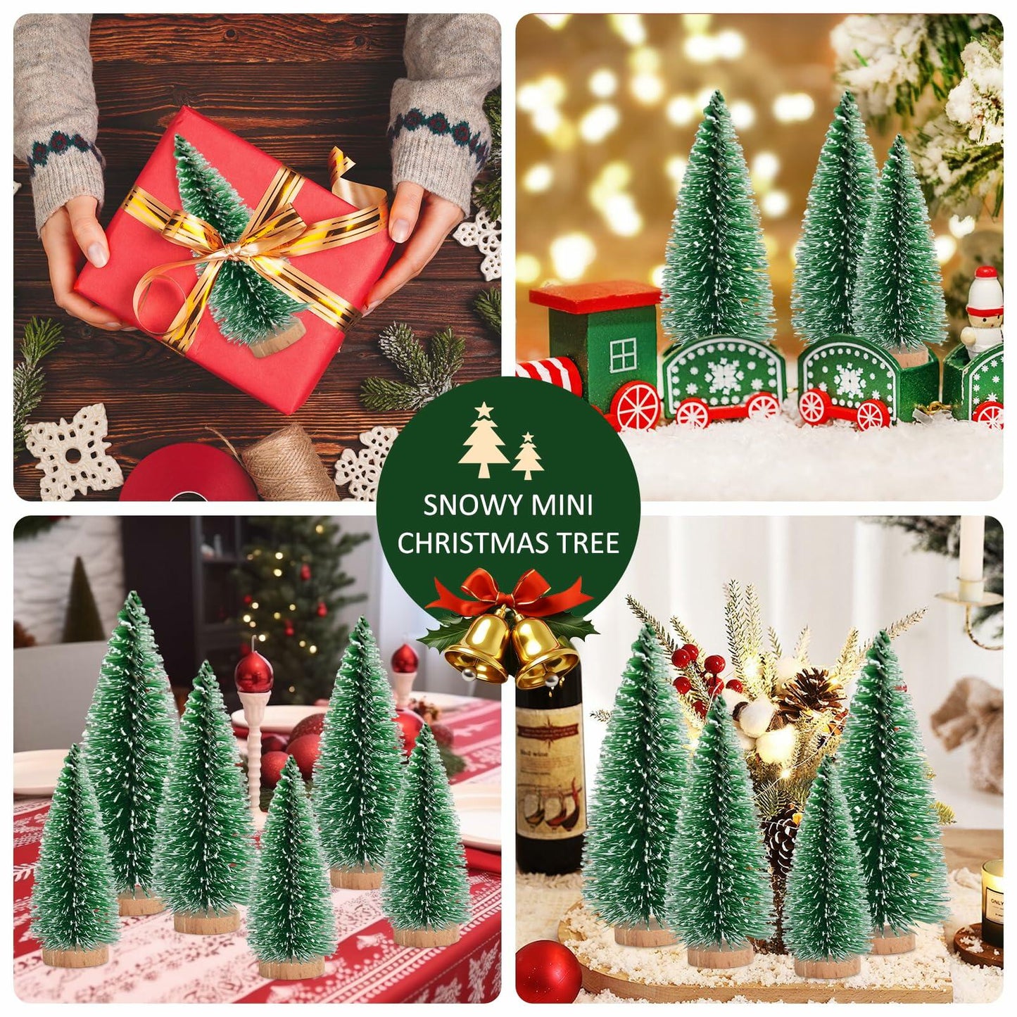 [Like New] 12 Pcs Mini Christmas Trees with Wooden Bases, 3 Sizes, Green Snow Decor