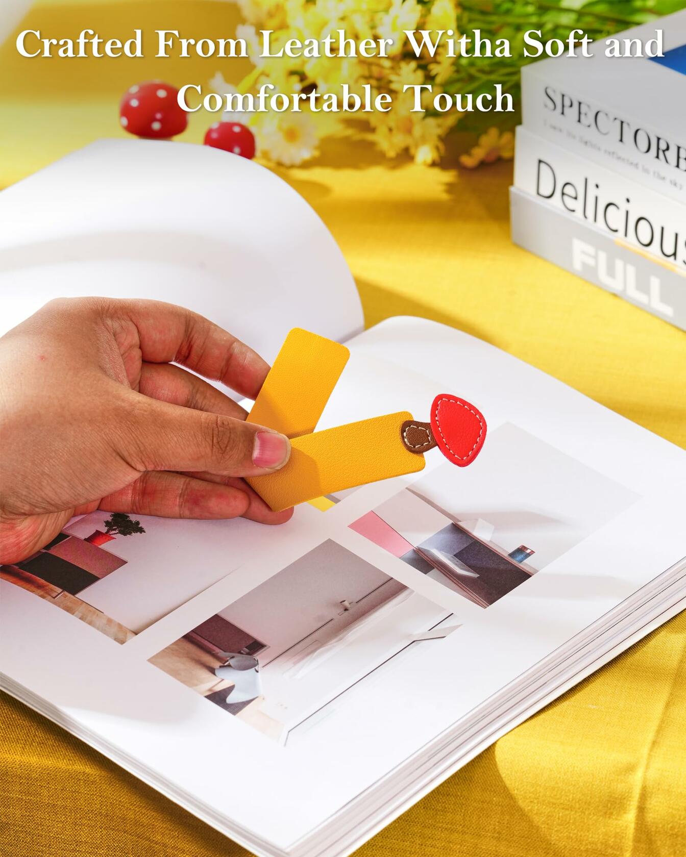 GIHOP Leather Mushroom Bookmarks 3 PCS Blue Green Yellow Handmade Cute