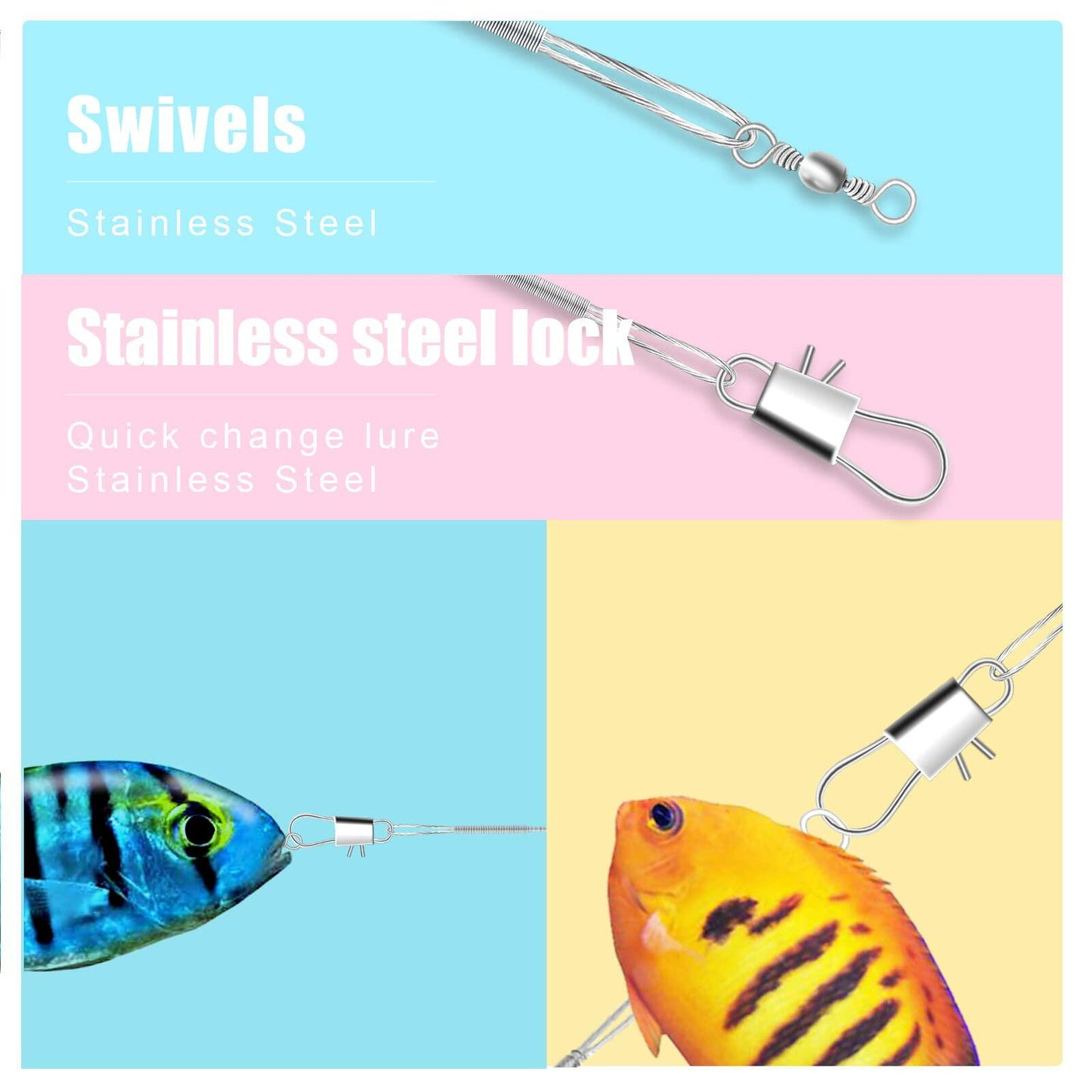 KINBOM Fishing Leaders 60pcs Steel Wire Line w/ Swivel Buckles Silver