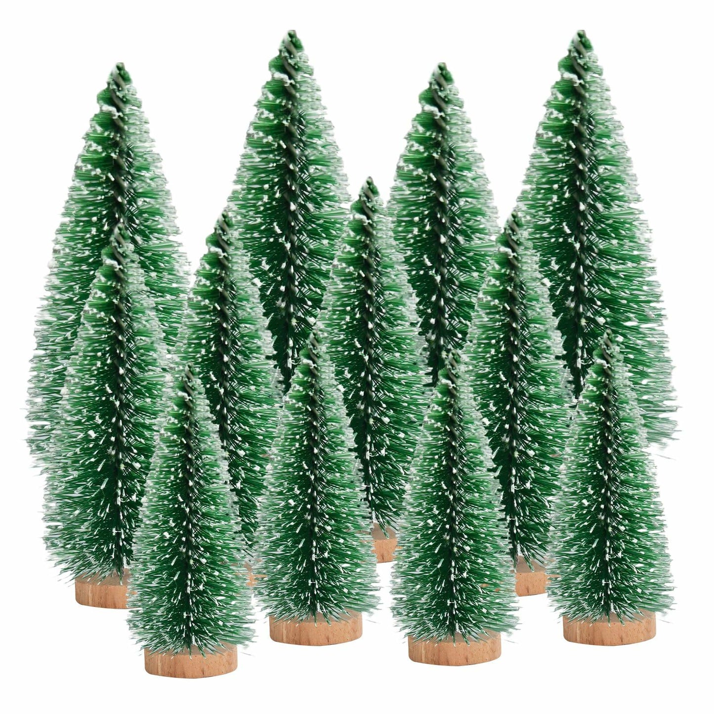12 Pcs Mini Christmas Trees with Wooden Bases, 3 Sizes, Green Snow Decor