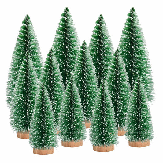 12 Pcs Mini Christmas Trees with Wooden Bases, 3 Sizes, Green Snow Decor