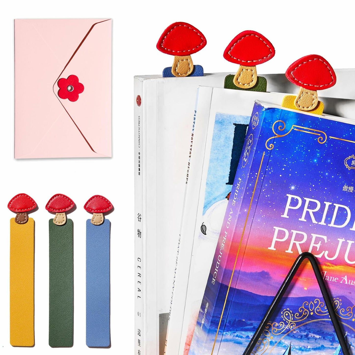 GIHOP Leather Mushroom Bookmarks 3 PCS Blue Green Yellow Handmade Cute