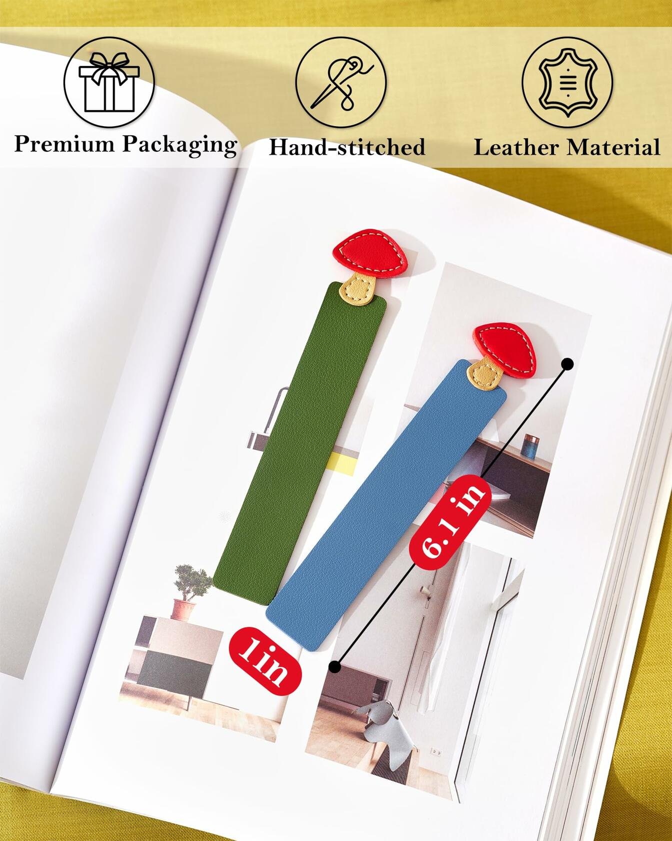 GIHOP Leather Mushroom Bookmarks 3 PCS Blue Green Yellow Handmade Cute