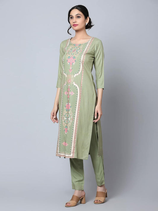[Like New] Bani Women Rayon Embroidered Kurta Pant Dupatta Set Green Size XX-Large