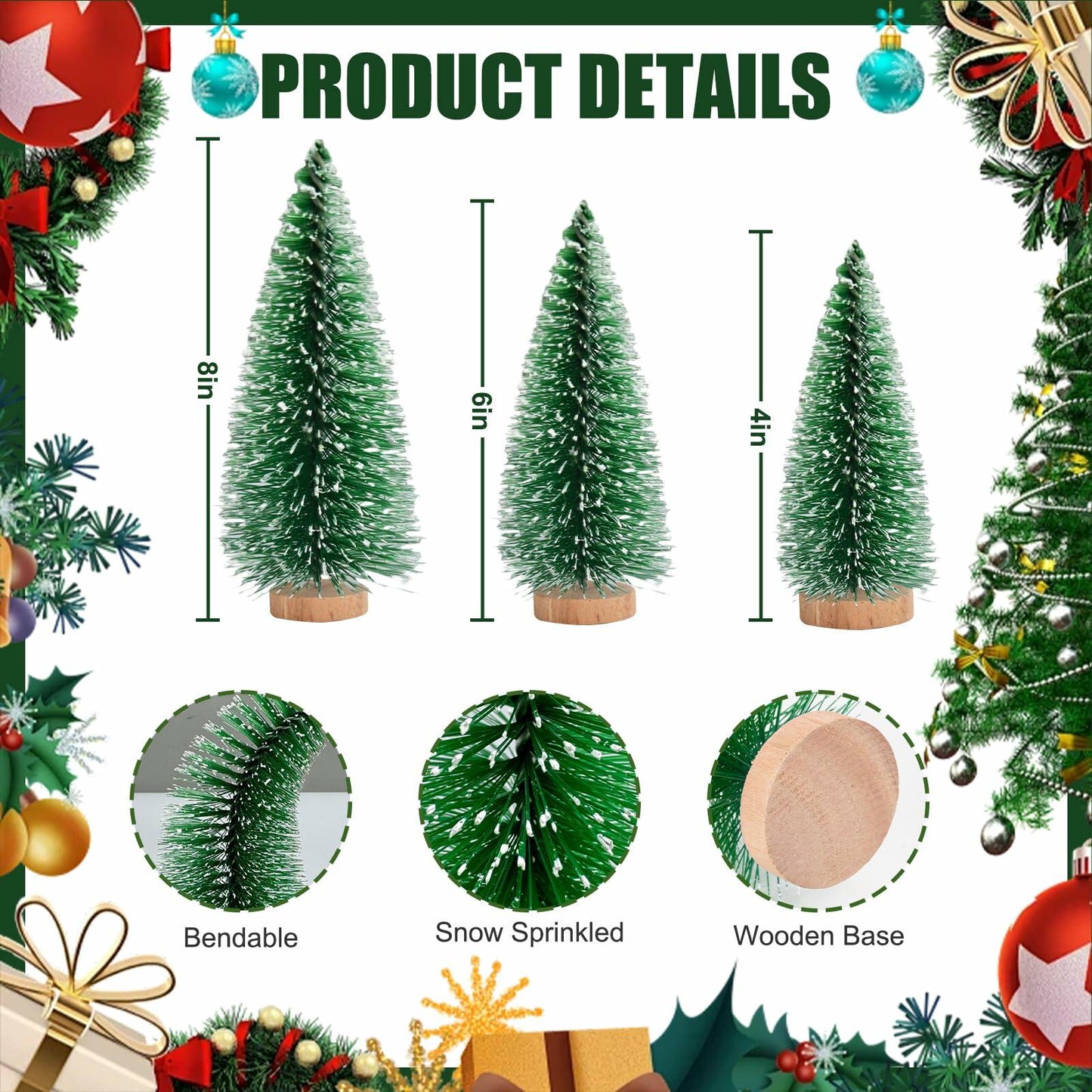 [Like New] 12 Pcs Mini Christmas Trees with Wooden Bases, 3 Sizes, Green Snow Decor