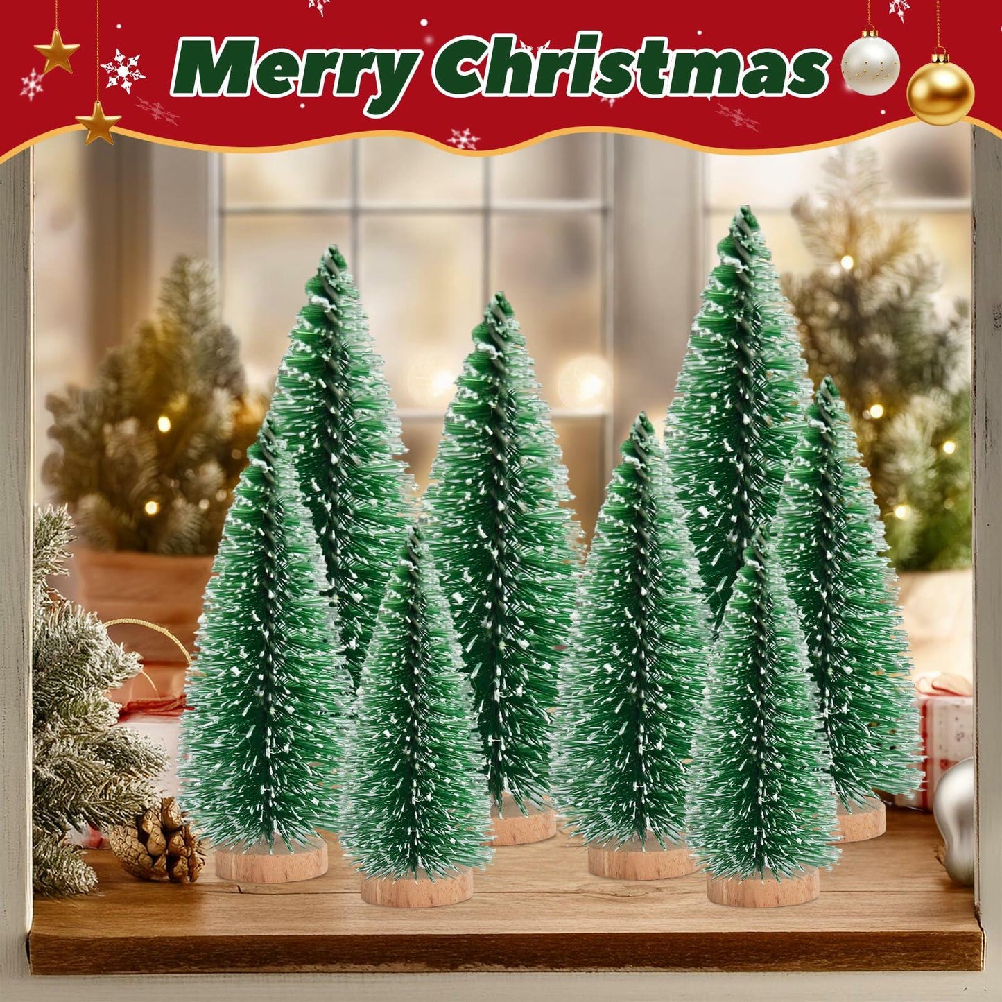 12 Pcs Mini Christmas Trees with Wooden Bases, 3 Sizes, Green Snow Decor