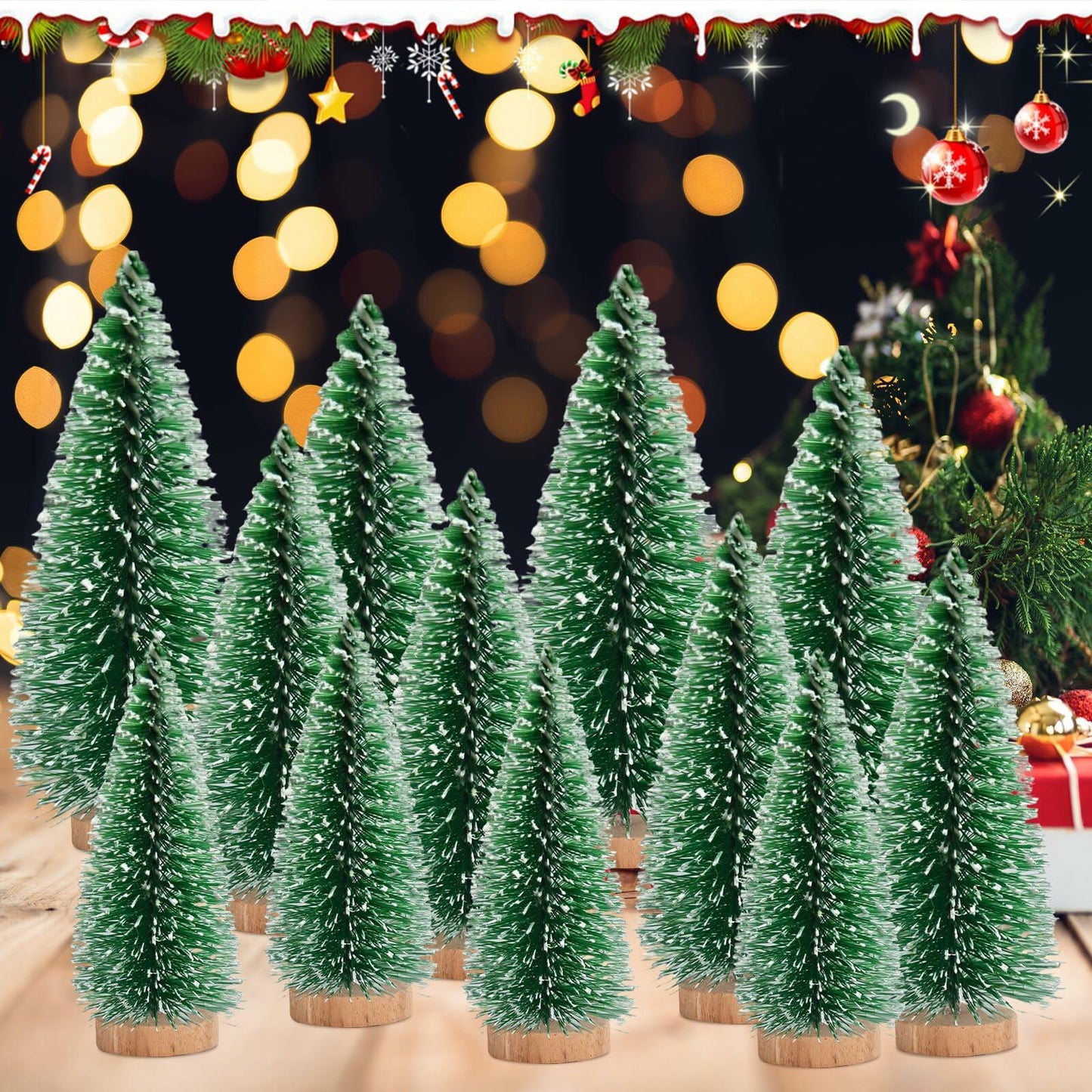 [Like New] 12 Pcs Mini Christmas Trees with Wooden Bases, 3 Sizes, Green Snow Decor