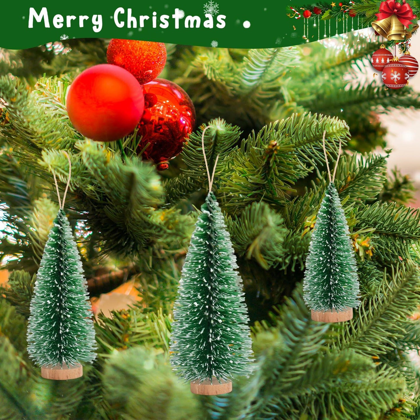 12 Pcs Mini Christmas Trees with Wooden Bases, 3 Sizes, Green Snow Decor