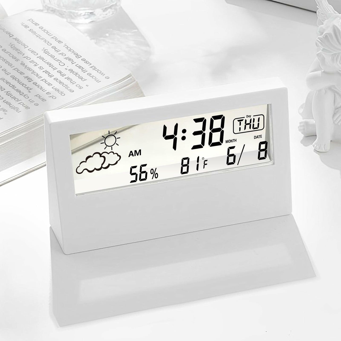 [Like New] LuxSoramia Digital Alarm Clock Transparent Modern Design White Temp Humidity