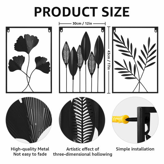 [Like New] KHJCXS Black Metal Leaf Wall Art Decor Modern Minimalist 3pcs