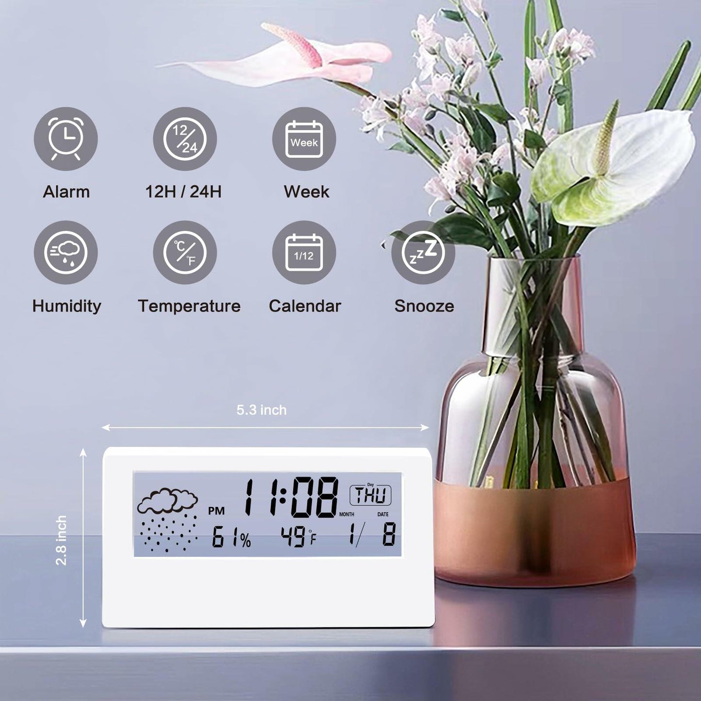 [Like New] LuxSoramia Digital Alarm Clock Transparent Modern Design White Temp Humidity