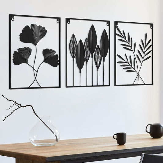 [Like New] KHJCXS Black Metal Leaf Wall Art Decor Modern Minimalist 3pcs